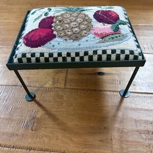 Adorable vintage stool, with embroidered top and metal legs